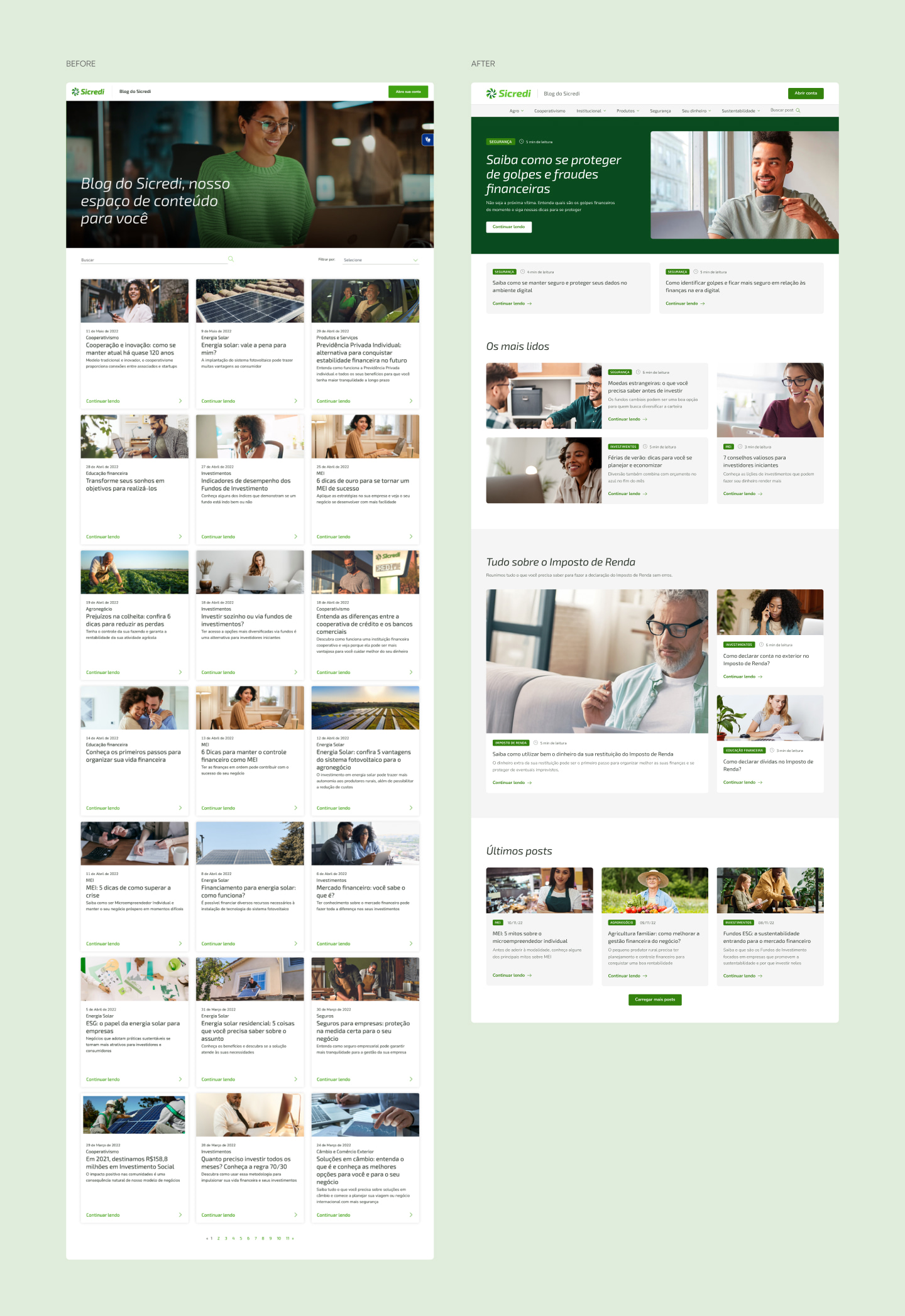 Blog do Sicredi (Sicredi Blog) homepage comparison, before and after