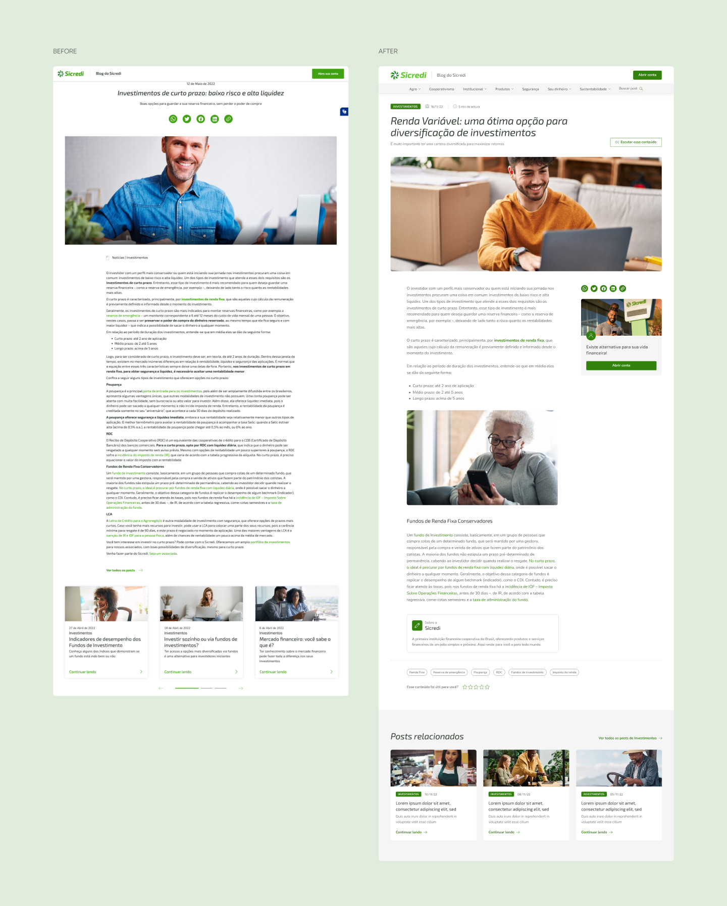 Blog do Sicredi (Sicredi Blog) post page comparison, before and after